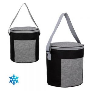 Hielera circular de poliéster con interior plástificado, bolsa frontal y correa ajustable.